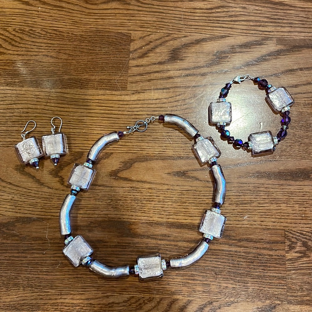 Handmade purple necklace, bracelet, and hanging earring set